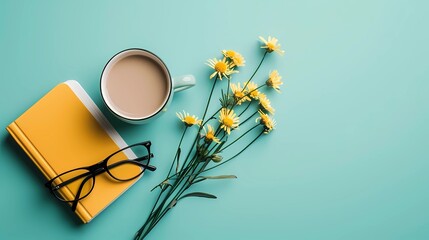 Canvas Print - cup of coffee, flowers and notebook on the table