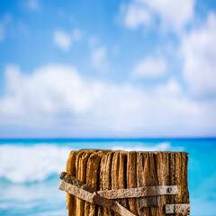 Sticker - Old wooden stump as table background with beach and seascape view. Copy space for products and objects display montage. 