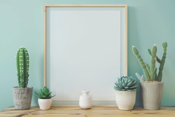 Aufkleber - An interior of a minimalistic room with a mock up photo frame on a brown wooden table with cacti and succulents in design pots. Grey walls. A stylish concept of mock up poster frames.