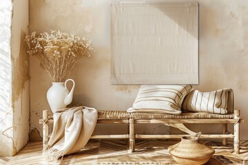 Poster - Composition of modern living room with a design chaise longue, mock up paintings, rattan decoration, pillows, plaid, bamboo shelf and elegant personal accessories. Korean home decor style.