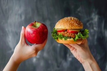 One hand holding an apple, the other a hamburger. Healthy, natural, organic, fresh, vegetarian food versus unhealthy, processed, fast, quick, unhealthy junk food. The concept of obesity, healthcare