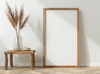 Canvas Print - A vertical wooden frame mockup with a wooden floor and white walls. 3D illustrations.