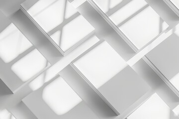 Aufkleber - The mockup features an empty white vertical rectangle poster and a gray concrete wall with a diagonal window shadow. The mockup is flat lay, top view.