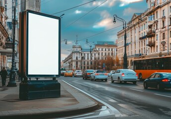 Aufkleber - A blank billboard mockup and template on an exterior street advertisement poster screen with a city backdrop, with a modern flat style, for printing text or logos