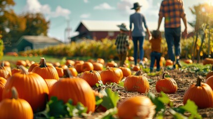 family walking through a pumpkin patch on a sunny day, surrounded by vibrant autumn colors and ripe 