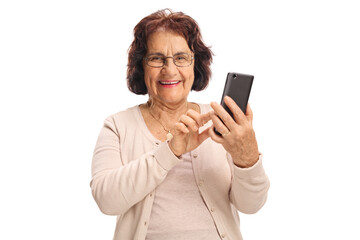 Poster - Elderly woman typing on a phone and smiling