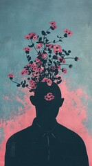 Wall Mural - Silhouette shape of a man with flowers art painting graphics.