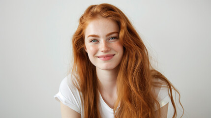 Canvas Print - Portrait of a smiling young woman with long red hair and freckles, wearing a white shirt against a plain background