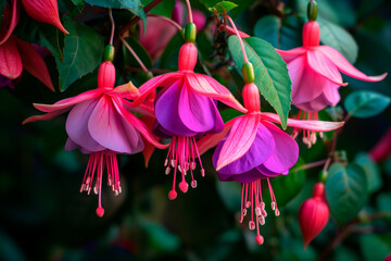 pink fuchsia flowers and green leaves, beautiful floral background