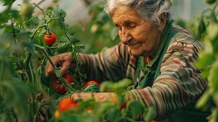 Poster - an elderly woman collects vegetables. Selective focus