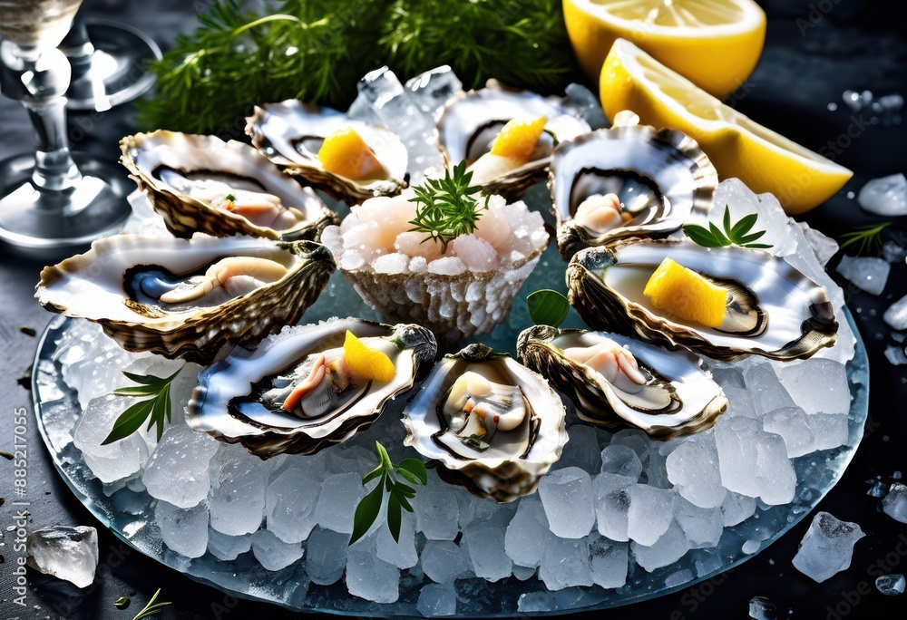 fresh oysters ice lemon seafood delicacy appetizer display, wedges, raw ...