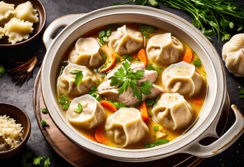 Wall Mural - hot steaming chicken dumplings bowl, tasty, savory, soup, flavorful, traditional, hearty, aromatic, satisfying, lunch, dinner, restaurant, classic, warm