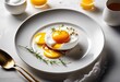 © Yaraslava - gently cracked poached egg revealing soft center plate,