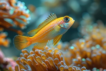 Wall Mural - Baby Fish: A bright, colorful baby fish, swimming among coral reefs in the ocean.