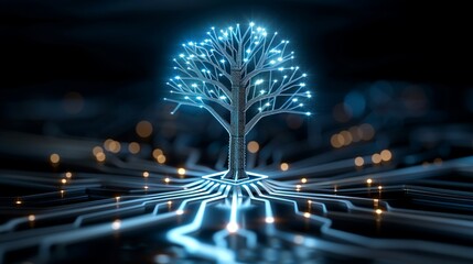 Abstract design of a digital tree with circuit patterns, symbolizing growth, sustainability, and technological evolution in business. Illustration, Image, , Minimalism,