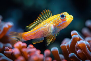 Sticker - Baby Fish: A bright, colorful baby fish, swimming among coral reefs in the ocean.