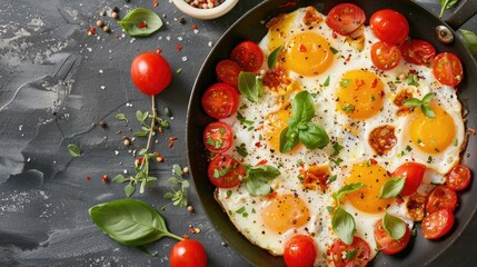 Wall Mural - fried eggs with tomatoes in a pan. selective focus