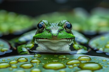 Wall Mural - Baby Frog: A tiny green froglet, sitting on a lily pad in a pond. 