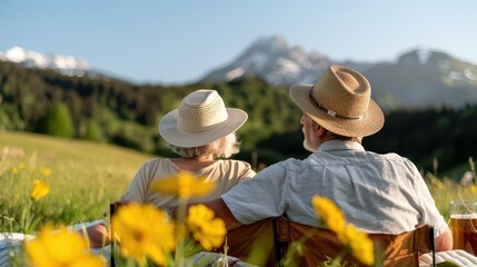 An enchanting image showing an older couple relaxing on chairs in a field of bright yellow flowers, with stunning snow-capped mountains in the background setting a peaceful scene.