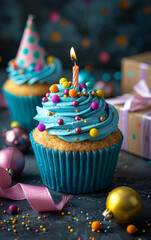 Wall Mural - A blue cupcake with a lit candle on top and colorful sprinkles. The cupcake is placed on a table with a box and a bunch of ornaments