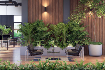 Wall Mural - Modern industrial loft style office living area decorated with green nature and plank wall background 3d render. There are wooden floor, large window overlooking nature view