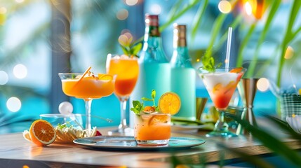 Canvas Print - Vibrant Cocktail Presentation with Tropical Foliage and Garnishes