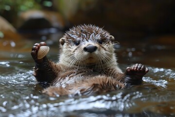 Baby Otter: A playful baby otter, floating on its back in a river, holding a clam. 