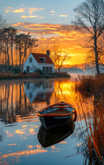 Wall Mural - A boat is floating on a lake with a house in the background