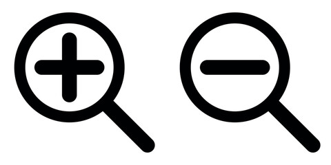 Wall Mural - magnifying glass silhouette shape with plus and minus, zoom in and out symbol, black and white vecto