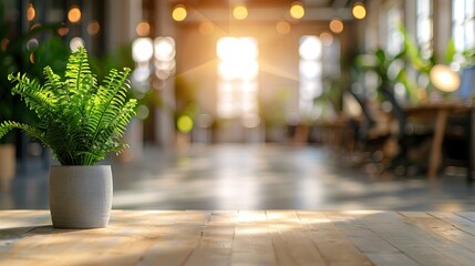 Wall Mural - Softly blurred office space bathed in warm light, with green plants, suggesting a modern and dynamic work environment