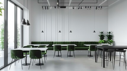 Poster - A minimalist cafe with white walls black furniture image