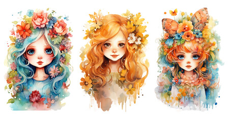 watercolor painting illustration pretty fairy girl portrait with flower crown , cute flower blossom and foliage PNG cartoon die cut isolated transparent background