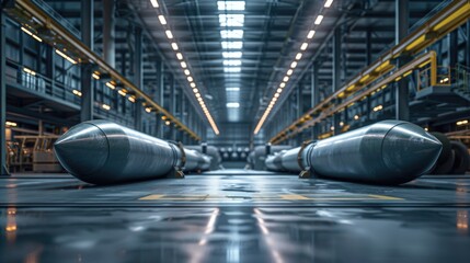 Modern Industrial Facility with Large Metallic Cylinders on Warehouse Floor