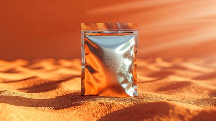 Canvas Print - Empty metallic pouch mock up, packet, placed on a orange desert sand surface round white light in the background  