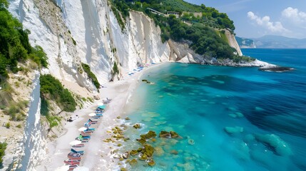 Sticker - A beach with white cliffs and clear blue