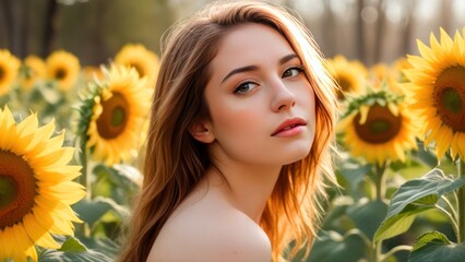 Sticker -  a woman with a sunflower headdress stands in a field,