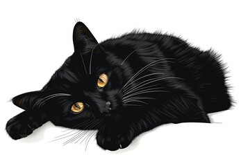 Wall Mural - A black cat is laying on a white background. The cat has yellow eyes and a black nose