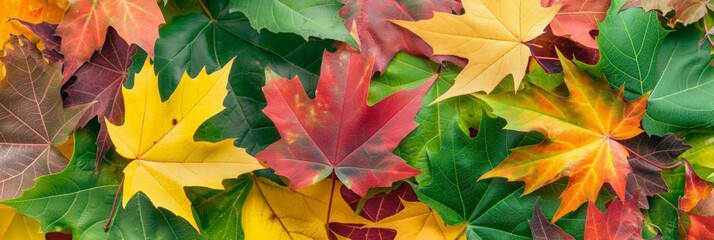 A colorful pile of autumn leaves. The leaves are of different colors, including red, yellow, and green. Concept of warmth and nostalgia, as it reminds us of the changing seasons