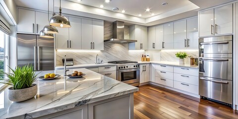 Wall Mural - Modern kitchen with stainless steel appliances, marble countertops, and sleek white cabinetry