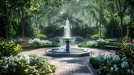 Wall Mural - A garden with a fountain in the center img