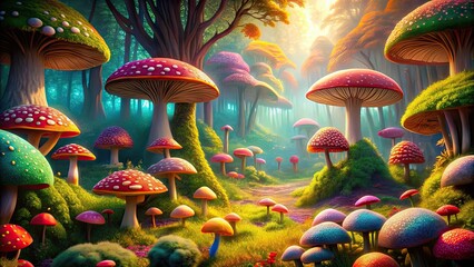 Poster - Vibrant and whimsical mushroom landscape with lush greenery and colorful fungi , fantasy, fairytale, woodland