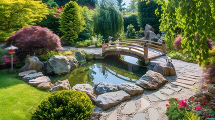 Wall Mural - Garden with a japanese pond and bridge image