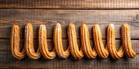 Poster - Churros arranged in a row on wooden background, churros, dessert, fried dough, sugar, cinnamon, pastry, Spanish