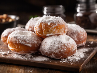 Wall Mural - Glazed Doughnuts with Powdered Sugar on Wooden Surface