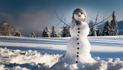 Wall Mural - cute snowman in deep snow