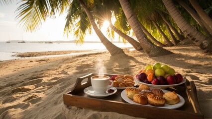 Canvas Print - A tray of a plate with fruit and coffee on the beach, AI