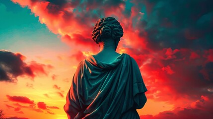 Poster - Statue silhouette against a dramatic sunset sky.