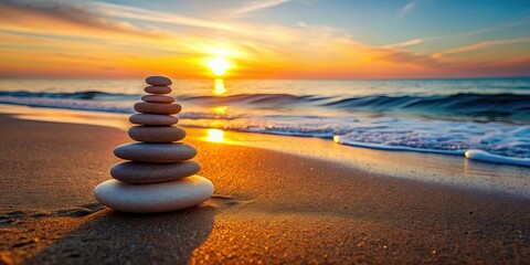 Poster - Zen stones balanced on beach at sunrise for tranquil meditation, zen, stones, balance, beach, sunrise, light