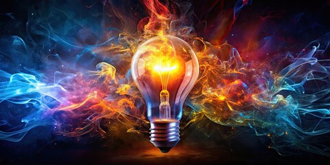 Canvas Print - Bright lightbulb surrounded by fiery abstract art on a dark background, creativity, innovation, inspiration, imagination, ideas