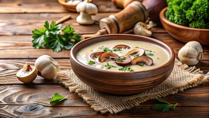 Wall Mural - Creamy mushroom soup in a rustic bowl on a wooden table, mushroom, soup, cream, delicious, homemade, vegetarian, comfort food